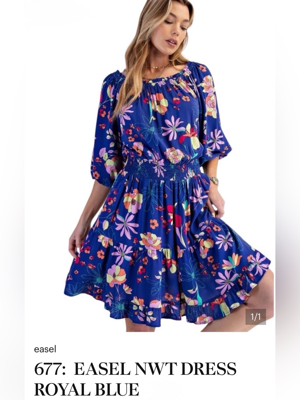 easel NWT Royal Blue Floral On or Off-Shoulder Mini Dress Puff Sleeves Size S